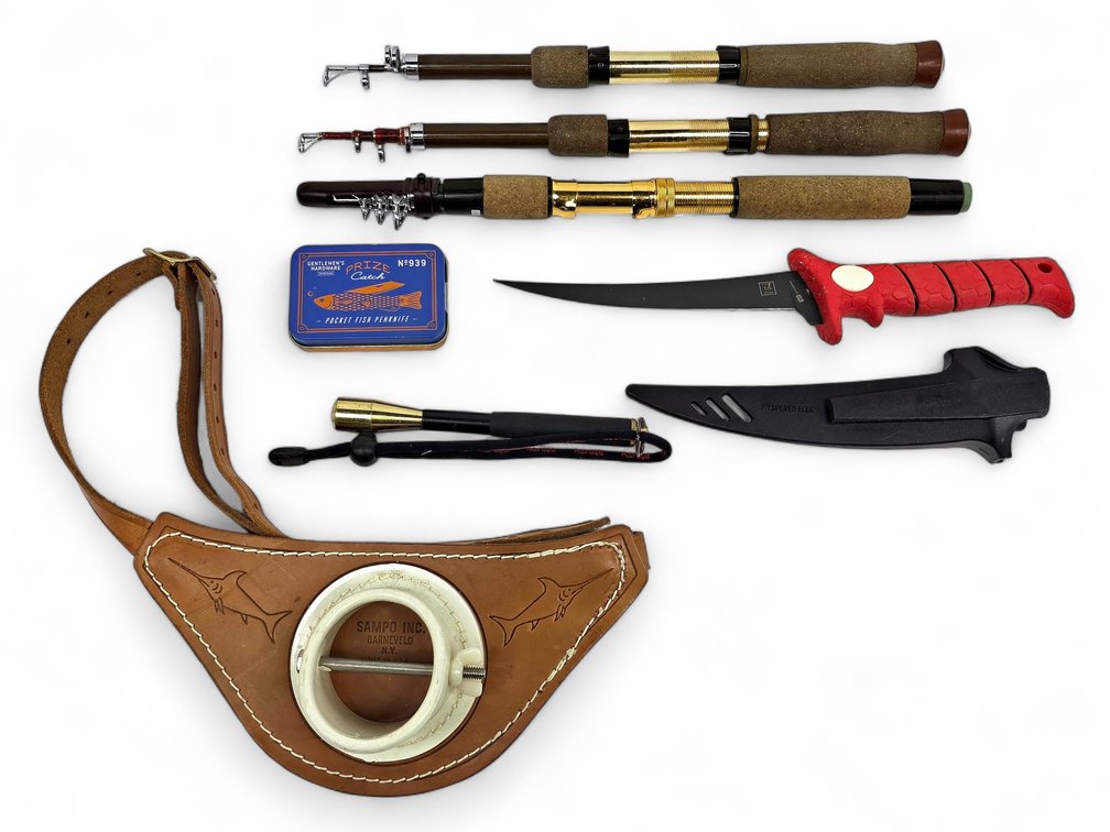 Three Telescoping Fishing Rods, Bubba Blade 7-Inch Fillet Knife & Sampo Fighting Belt