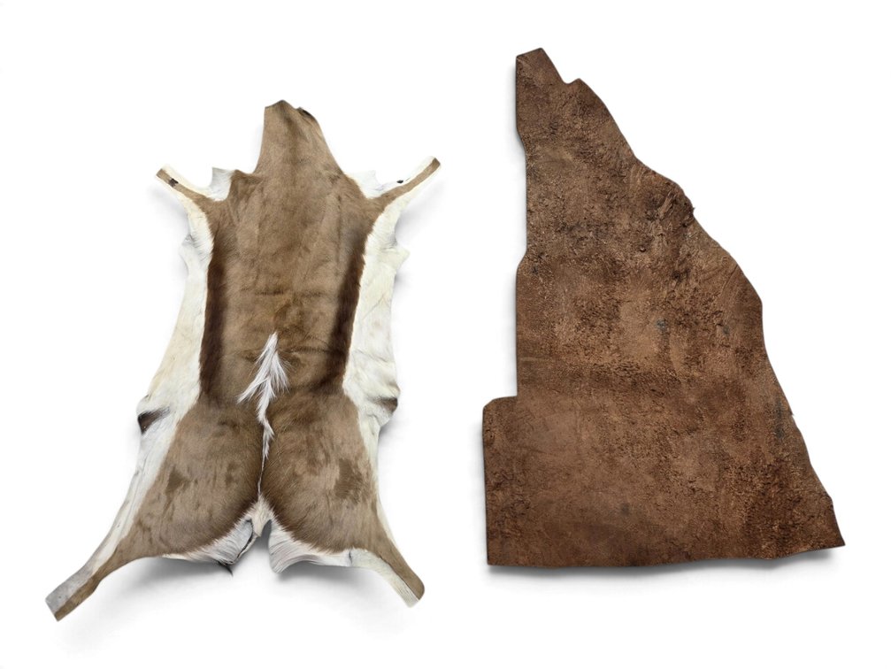 Brown-and-White Fur-On Hide & Reddish-Brown Leather Panel