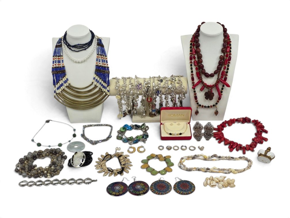Costume Jewelry Assortment with Beaded Necklaces, Charm Bracelets & Roman Boxed Set
