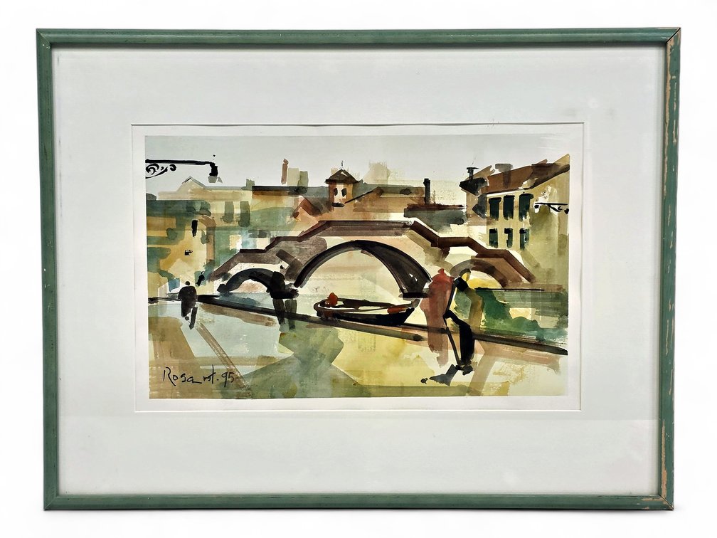 Venetian Canal Watercolor Signed Rosa, Dated '95, in Green Frame