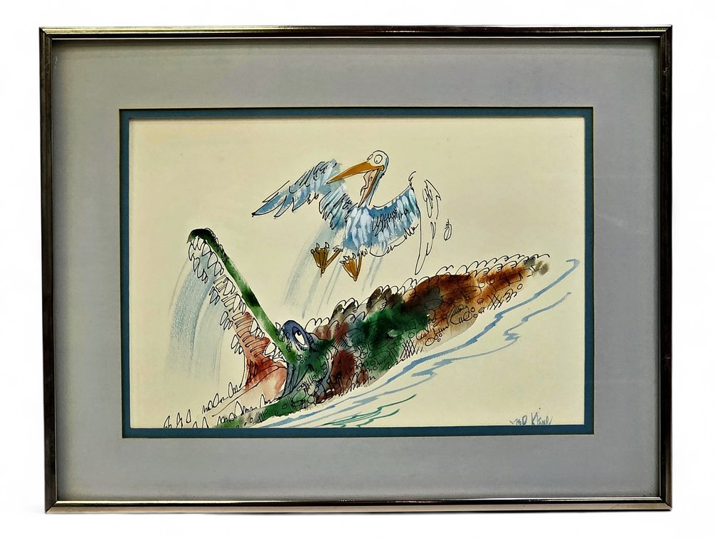 R. Kline Pelican & Alligator Scene, Original Ink & Watercolor