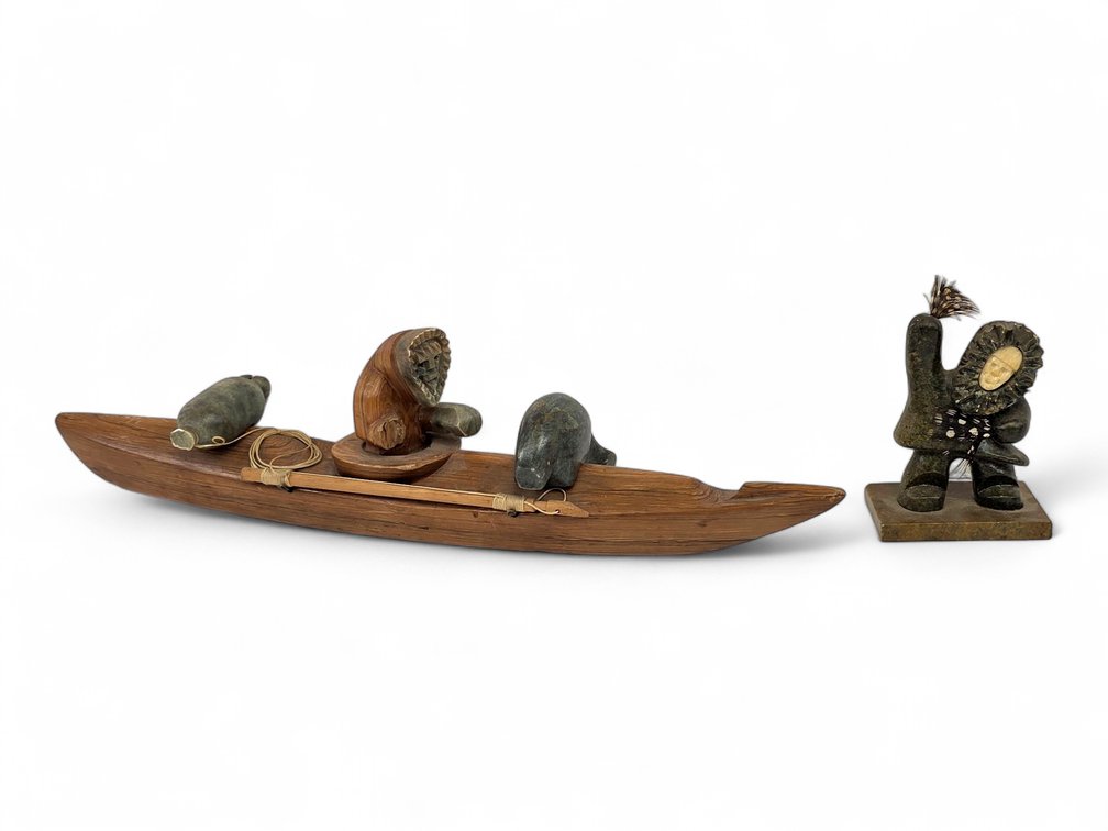 Glenn Tootkaylok Wood & Stone Kayak Sculpture, Dated '99, & TIM-Signed Dancer