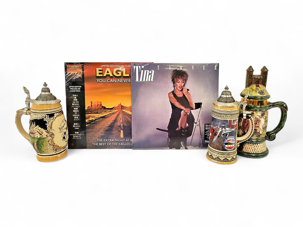 Eagles & Tina Turner Vinyl Albums with Three Decorative Beer Steins