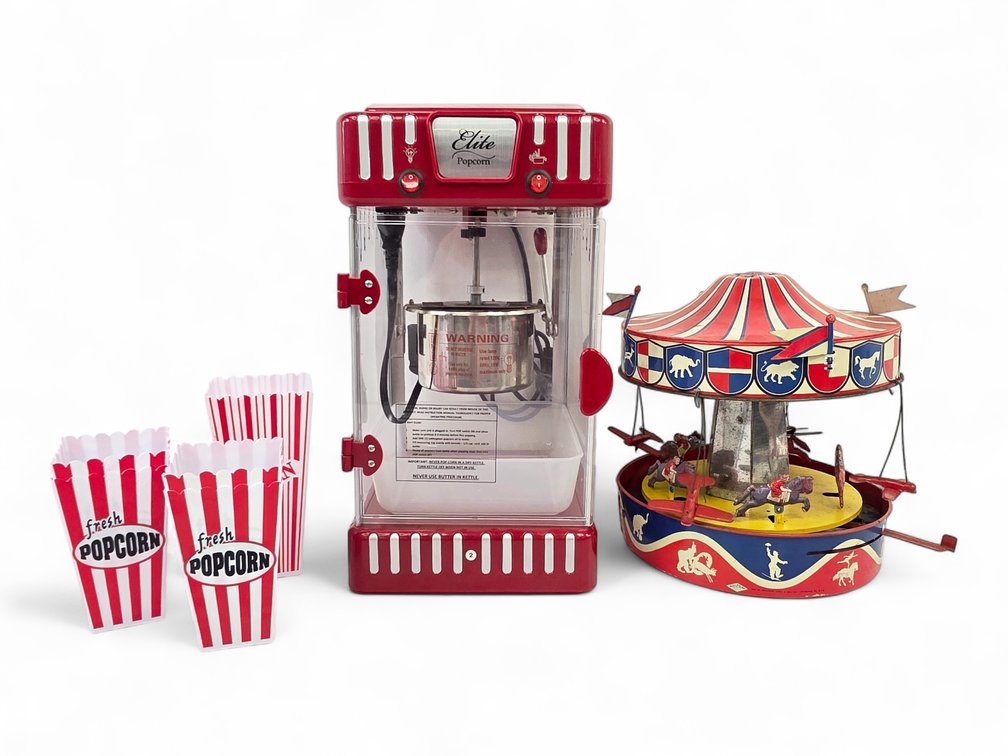 Elite Gourmet Kettle Popcorn Maker & Wolverine Tin Merry-Go-Round with Popcorn Containers