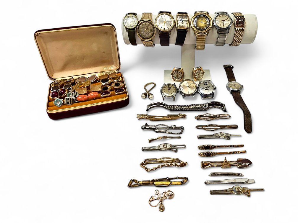 13 Non-Running Watches & Watch Heads with Cufflinks, Tie Clips & Parts