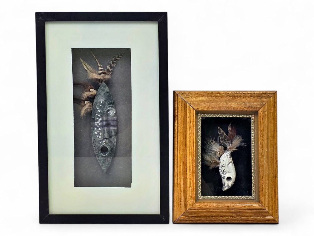 Two Stone & Feather Mask Shadowboxes, One Inscribed “Ooliemak”
