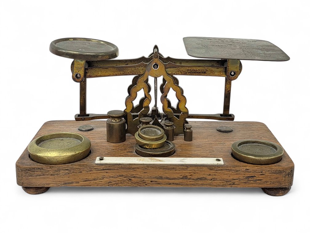 Victorian-Style Brass Postal Balance with Imperial & Metric Weights