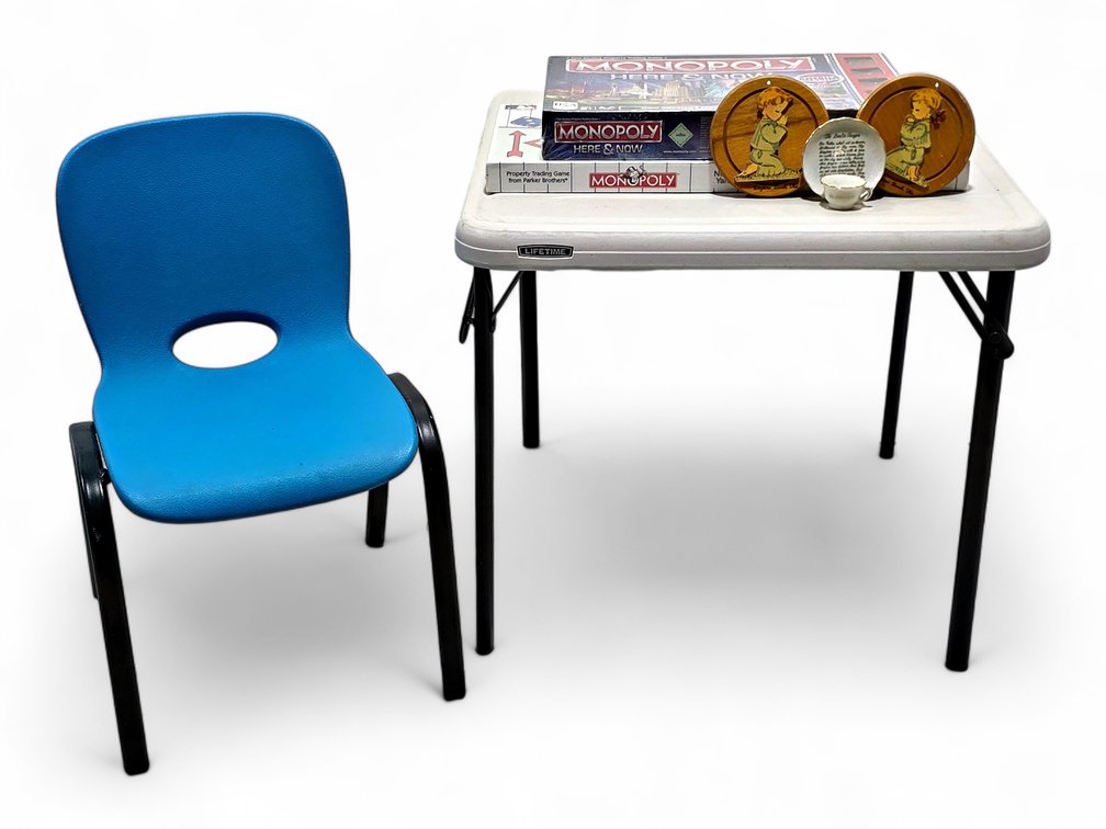 Lifetime Folding Table & Blue Chair with Two Sealed Monopoly Games & Decorative Pieces