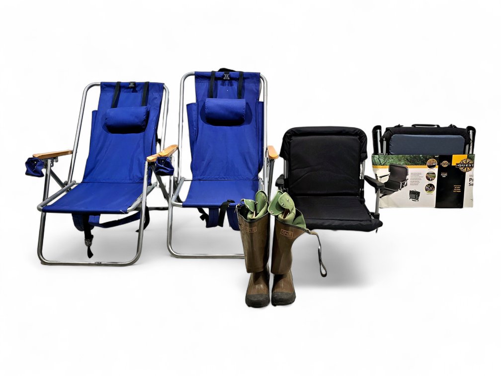 Two WearEver Beach Chairs, Two Quest Portable Seats & Size 5 Flo-Lite Insulated Boots