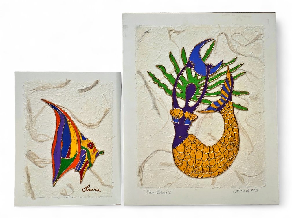 Laura Bethke Mixed-Media Mermaid & Angelfish Artworks on Textured Paper