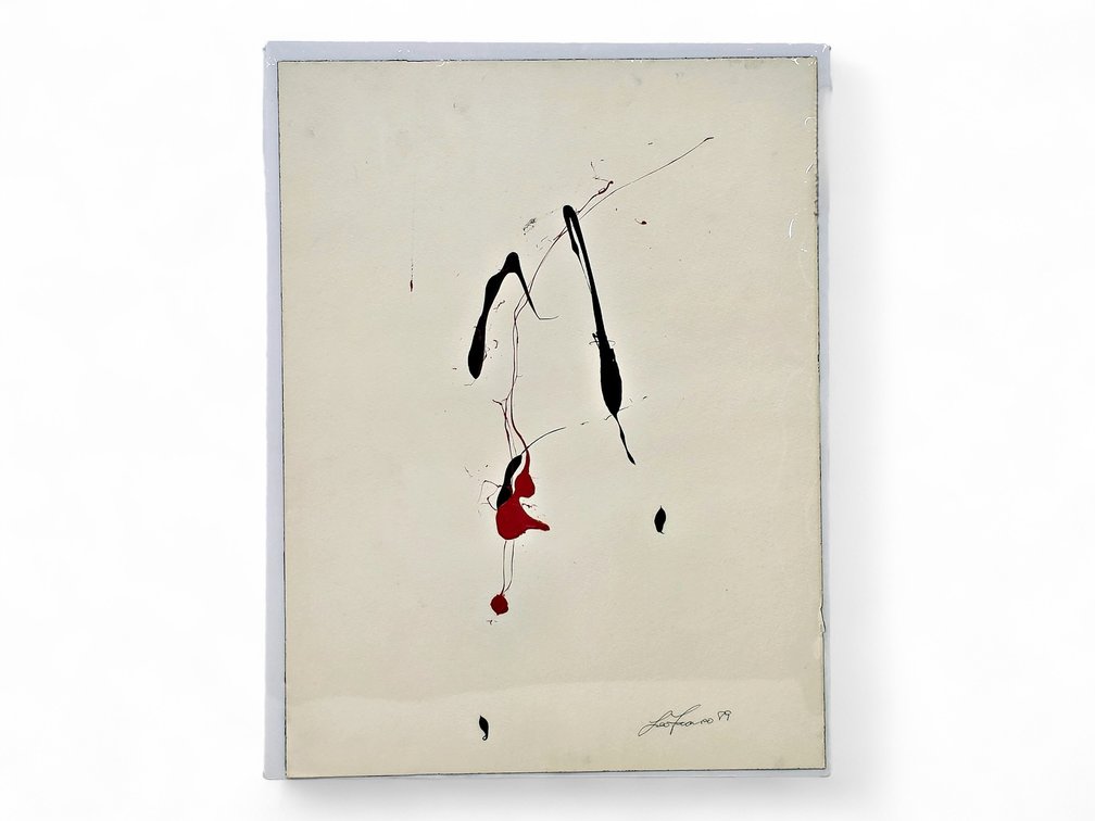 Red & Black Abstract Painting on Paper, Signed Leo Franco