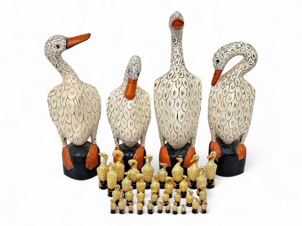38 Painted Wooden Duck Figures — Four White & 34 Yellow
