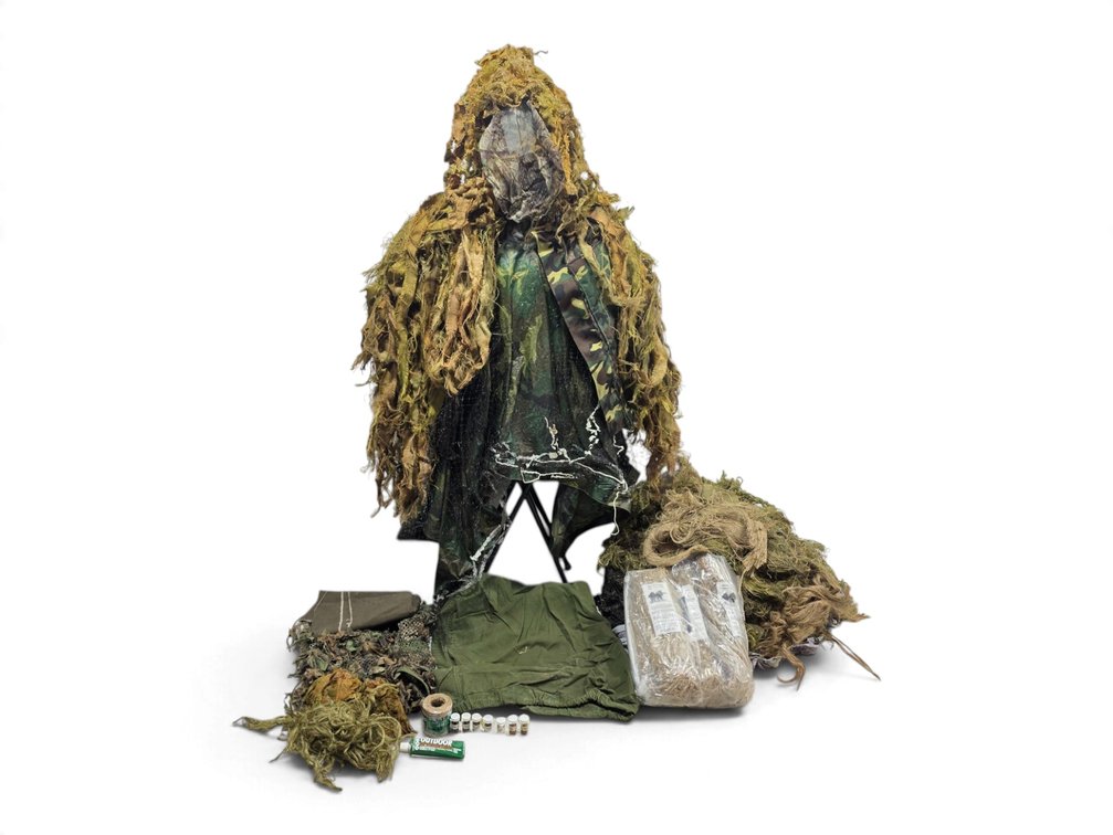 Layered Ghillie Poncho with Camo Netting, Moss Fiber, Jute & Dye Supplies