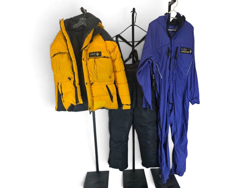 Rab Expedition Down Parka, Purple One-Piece Suit & Black Down Bib Pants — Medium