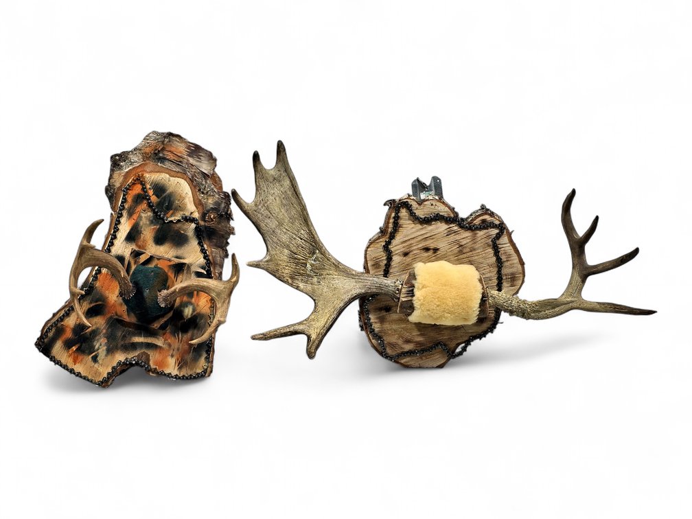 Moose & Deer Antler Wall Art with Chainsaw-Chain Borders