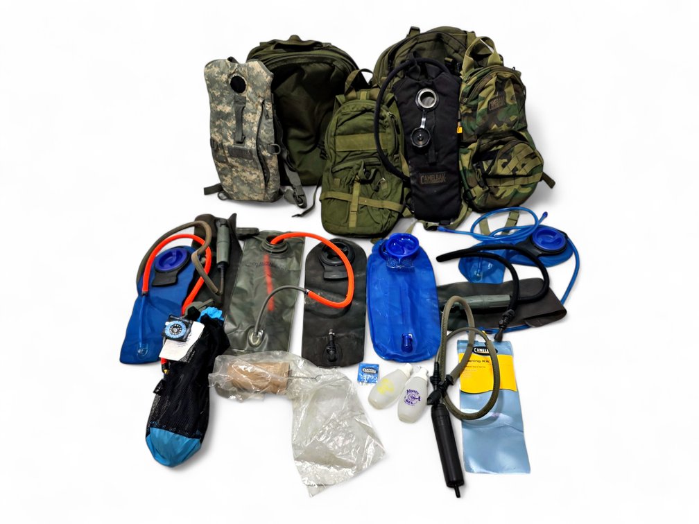 Six MOLLE-Style & Hydration Packs with CamelBak Reservoirs, Hoses & Accessories