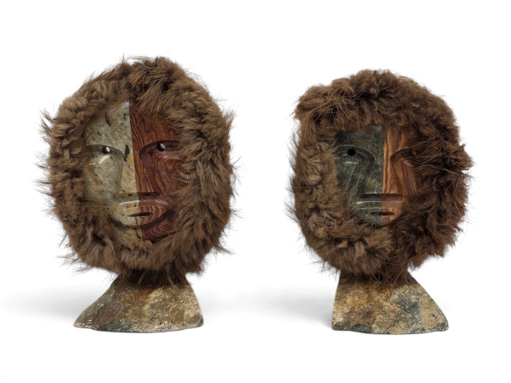 Two Glenn Tootkaylok Stone, Wood & Beaver-Fur Face Sculptures, Nome, Alaska