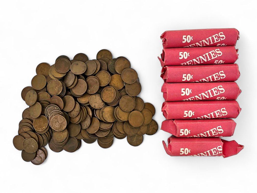 Lincoln Cents, Predominantly Wheat Reverses, with Seven Labeled Rolls