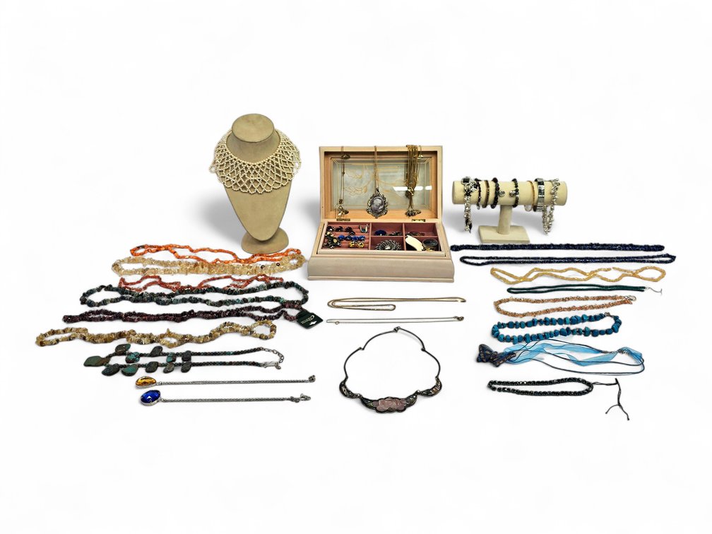 Fashion Jewelry Assortment with Faux Pearls, Chip-Bead Necklaces & Glass-Lid Jewelry Box