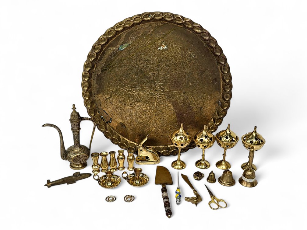 Brass-Tone Decor: 22-Inch Platter, Ewer, Incense Burners, Bud Vases & More