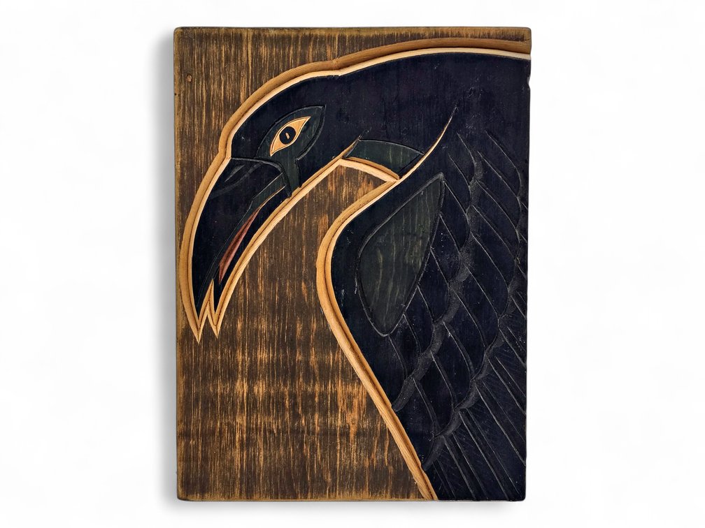 Mahka Signed Painted Wood Raven Wall Plaque