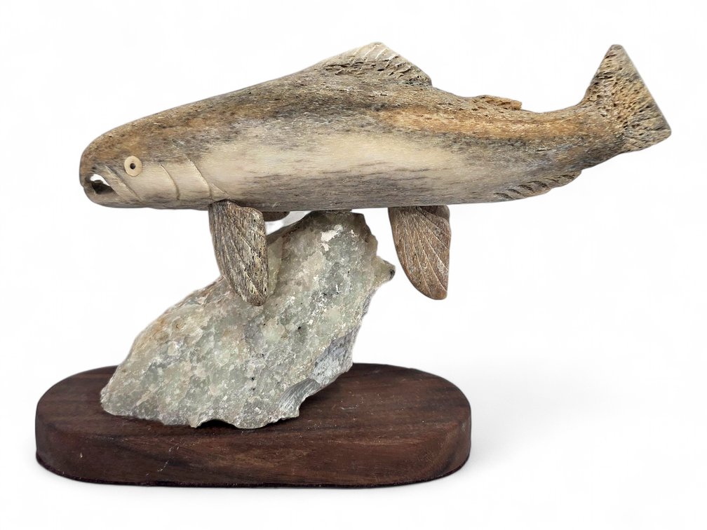 Mike Scott 1993 Bone Salmon Sculpture with Ivory Eyes on Stone & Wood Base