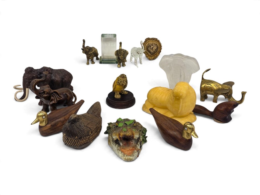 Elephant & Mammoth Figurines, Wood Ducks, Walrus, Florida Alligator & Seattle Souvenir