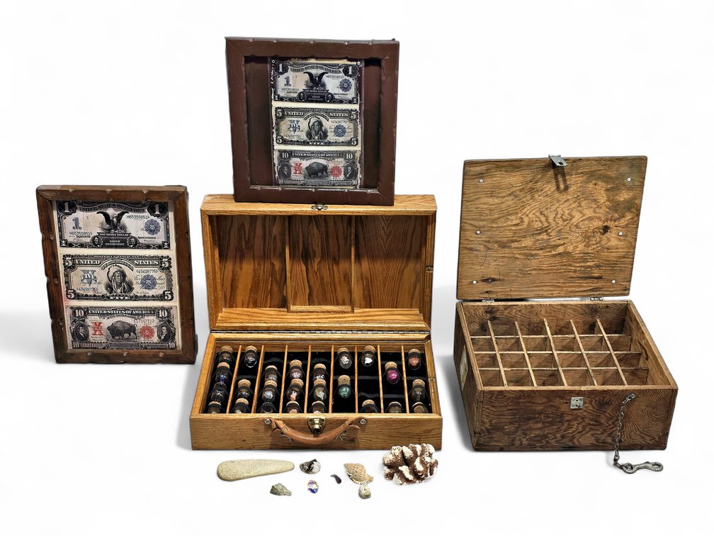 Geological Sample Cases, Mineral Specimens & Two Framed Currency-Reproduction Displays