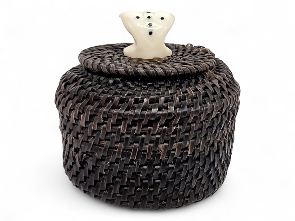Iñupiaq Baleen Basket with Walrus Ivory Whale-Tail Finial & Faint Signature