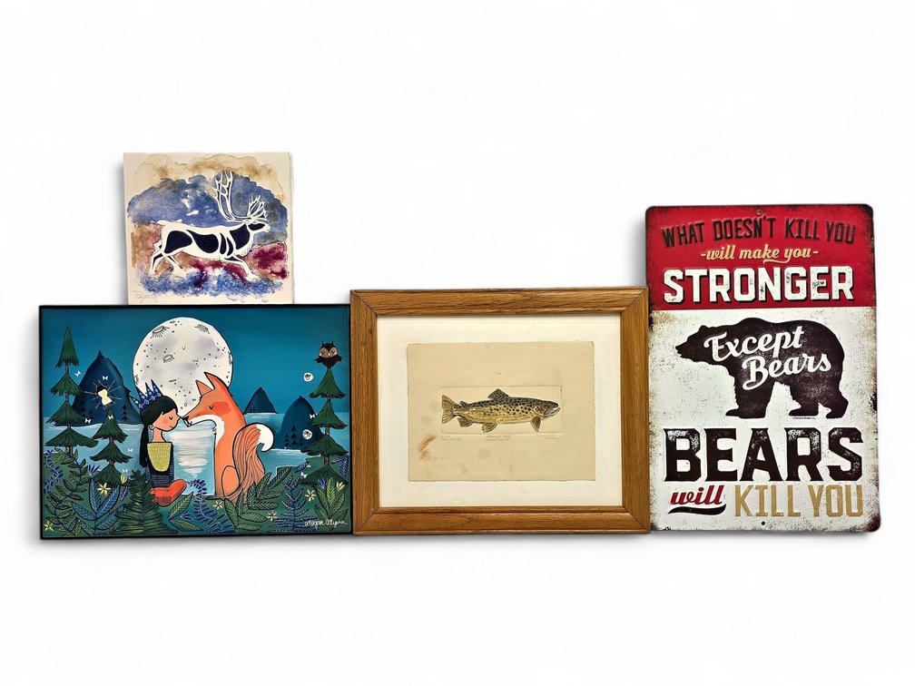 Mary Ellen Moeller Trout Print, Megan Myers Art, Begats Caribou Card & Bear Sign