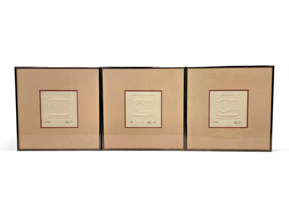 Three Signed Embossed Abstract Works, Dated 1979, in Matching Frames