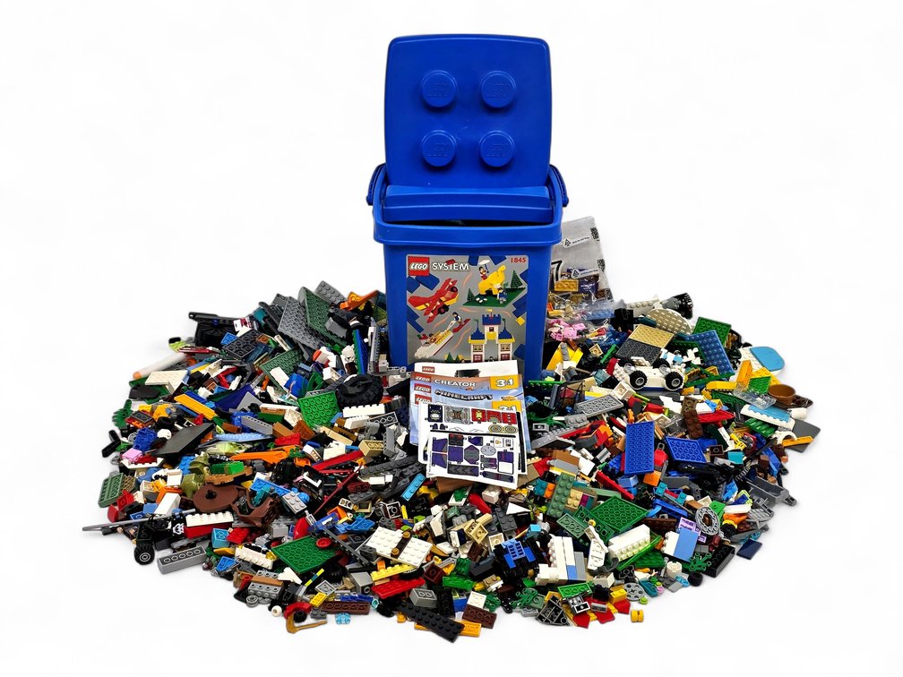 Mixed LEGO Bricks, Wheels, Minifigures & Instructions with Bucket and Storage Tote