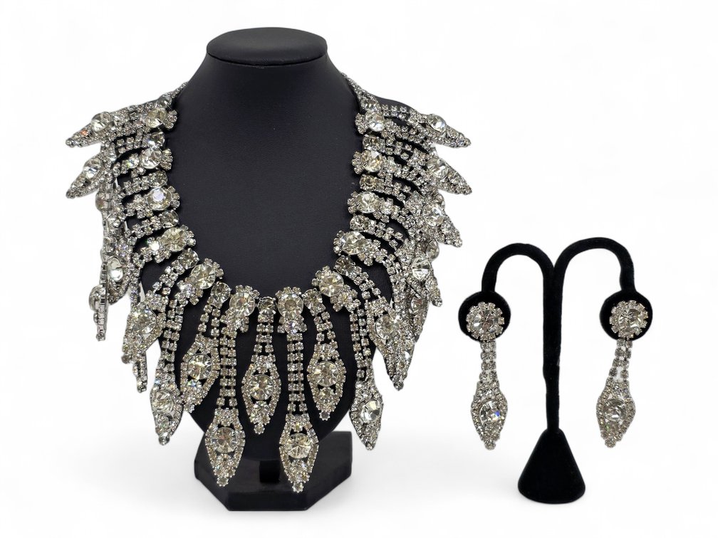 Rhinestone Bib Necklace & Matching Clip-On Earrings