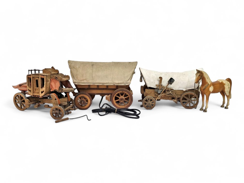 Wooden Stagecoach & Covered Wagon Models, Wagon Lamp and Breyer Western Pony