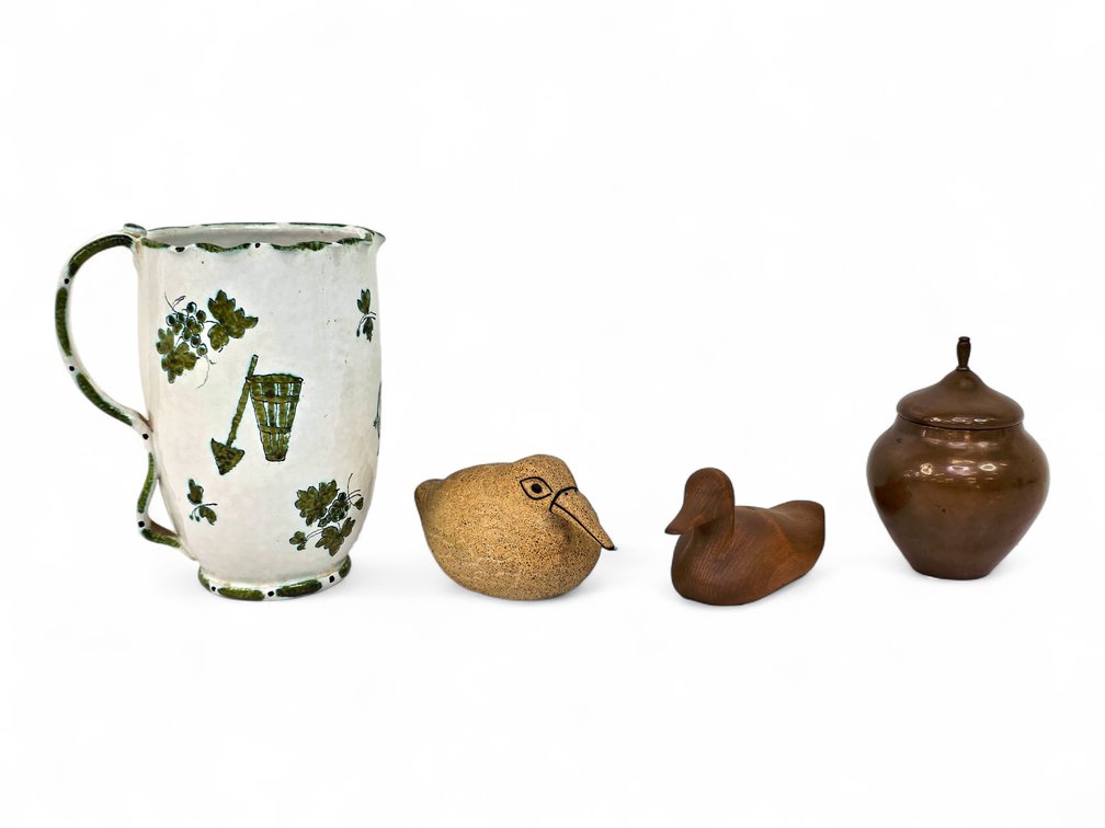 Green & White Ceramic Pitcher, Lidded Metal Jar, Stoneware Bird and Wooden Duck