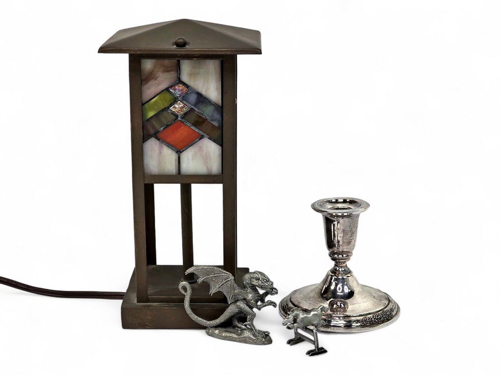 Stained Glass Accent Lamp, International Silver Camille Candlestick & Metal Figurines