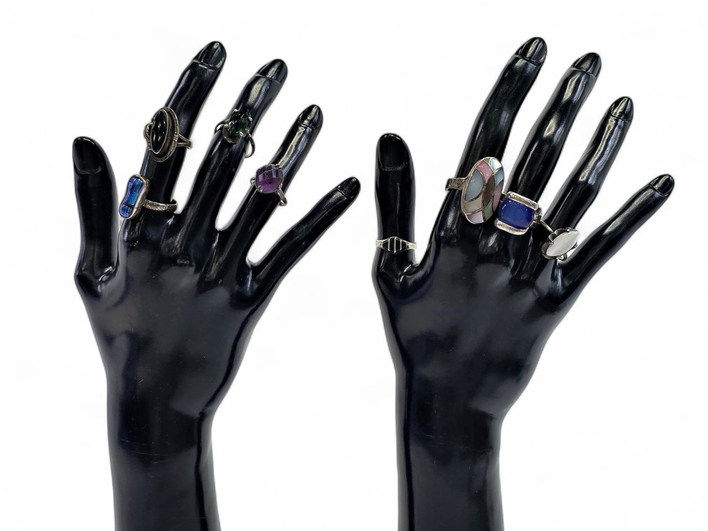 Eight Sterling Silver Rings with Colored Stones, Inlays & Shell-Like Mosaic