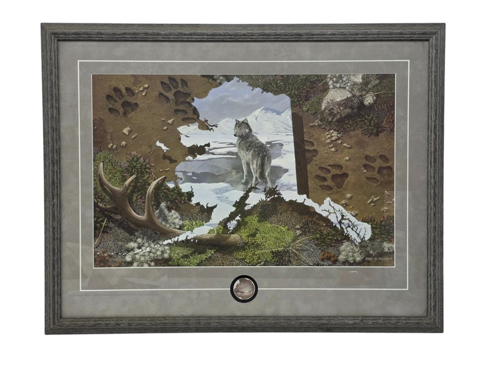 Bruce W. Nelson Wolf & Alaska-Outline Print with Wolf Medallion, Framed