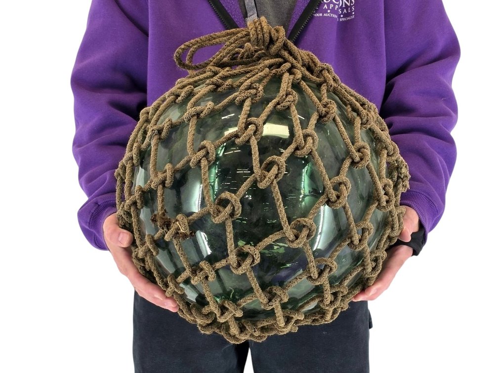 Large Japanese Green Glass Fishing Float in Rope Netting