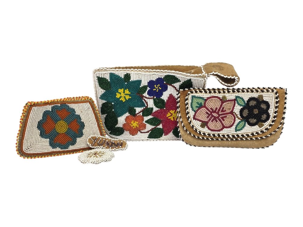 Athabascan Floral Beadwork Group: Three Hide Bags & Yukon Brooch