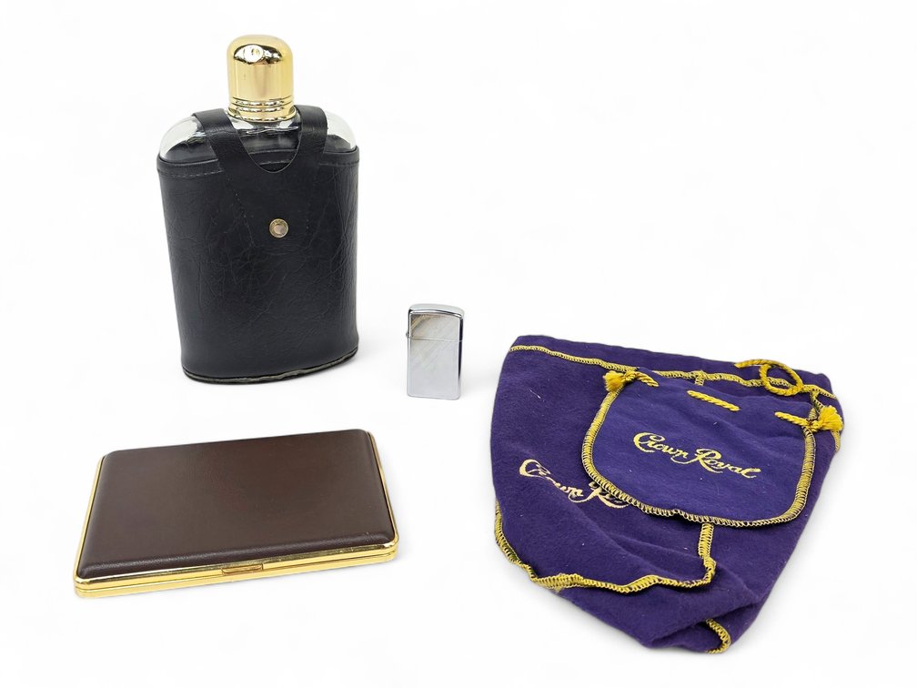 Glass Flask, German Cigarette Case, Zippo Lighter & More