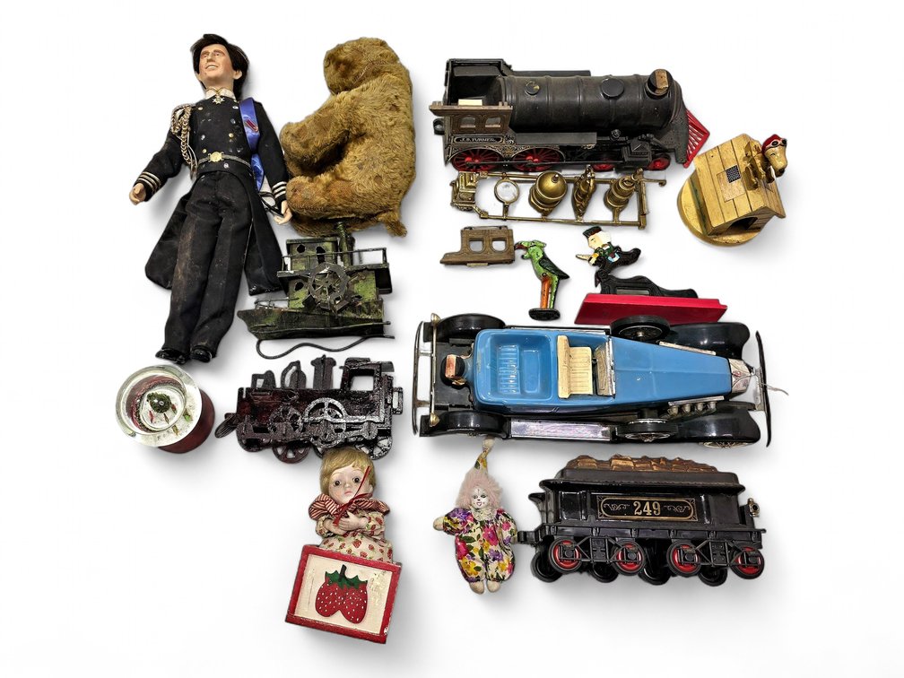 Vintage Toy & Decor Assortment: Jim Beam Decanters, Dolls & Train Parts — As Found