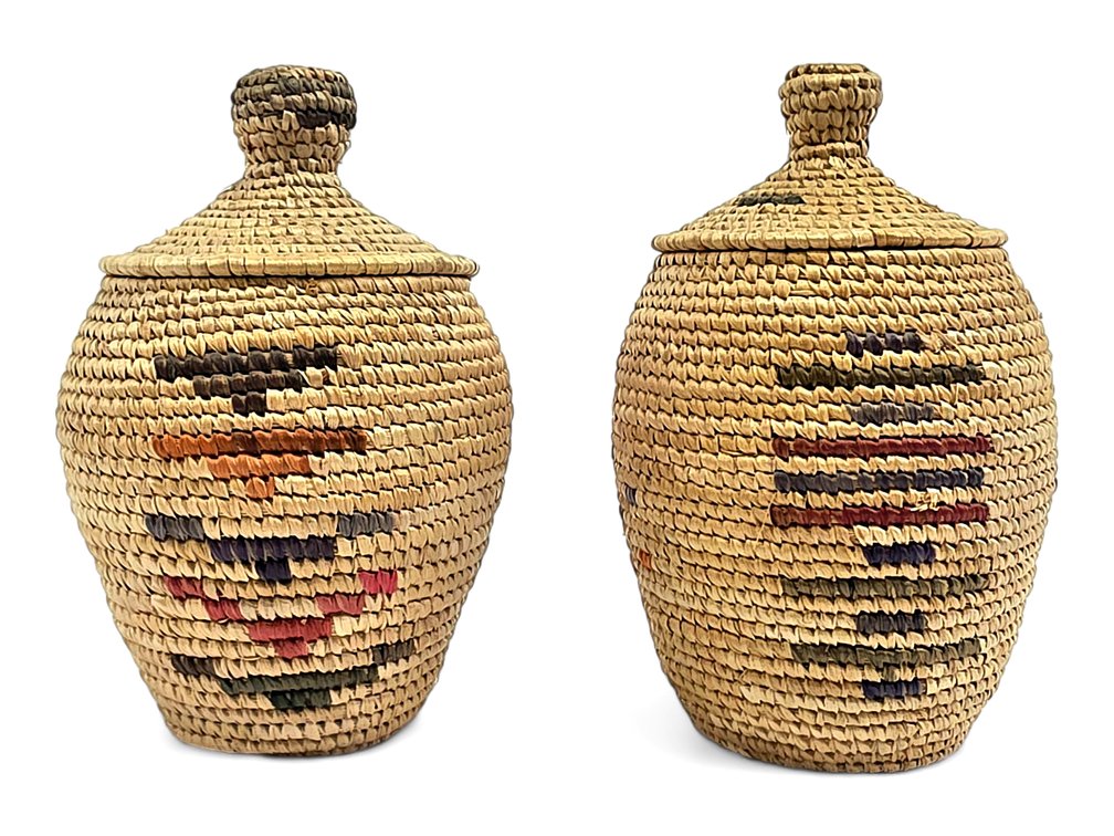 Two Miniature Yup’ik Coiled Grass Baskets with Fitted Lids