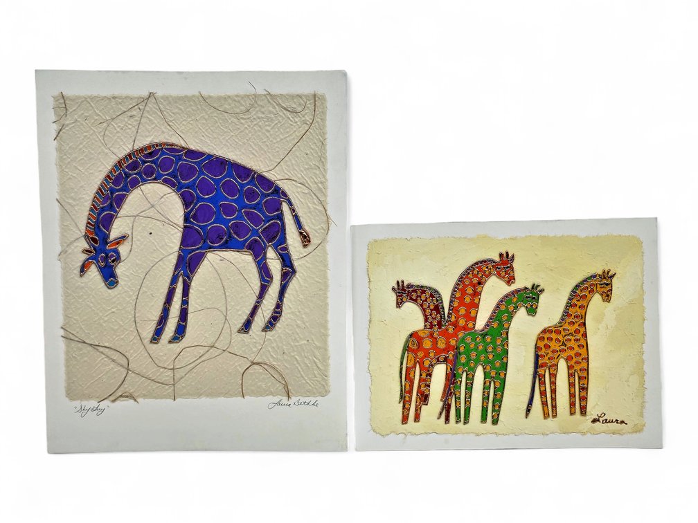 Two Laura Bethke Giraffe Mixed-Media Works, Including "Sky Guy"