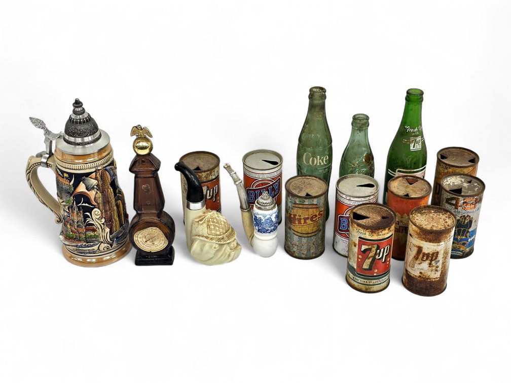 Zöller & Born Stein, Three Avon Decanters & Vintage Beverage Cans and Bottles