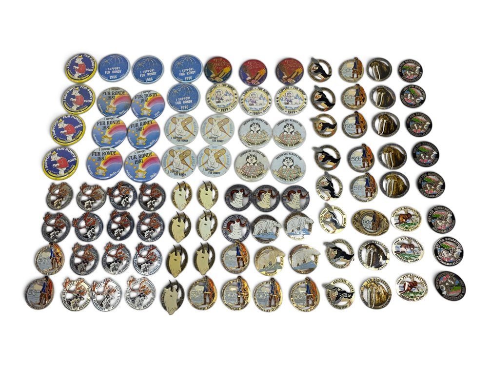 96 Fur Rondy Collectibles, 1980–1989: 67 Pins, 28 Buttons & Anniversary Buckle