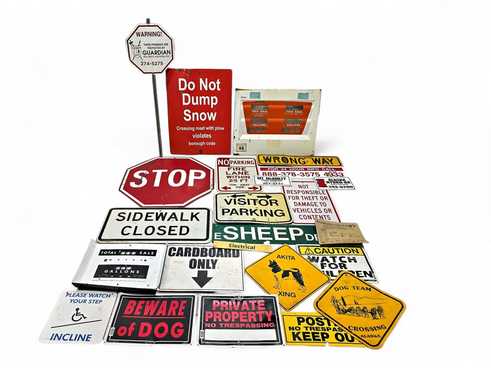 Street & Novelty Signs, Alaska Dog Team Crossing Sign & Two Gas Pump Faceplates