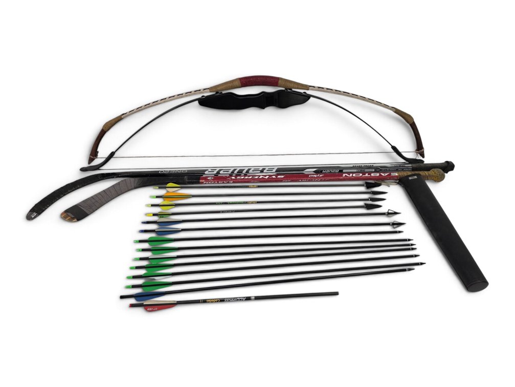 Two Recurve Bows, Arrows & Crossbow Bolt with Bauer and Easton Hockey Sticks