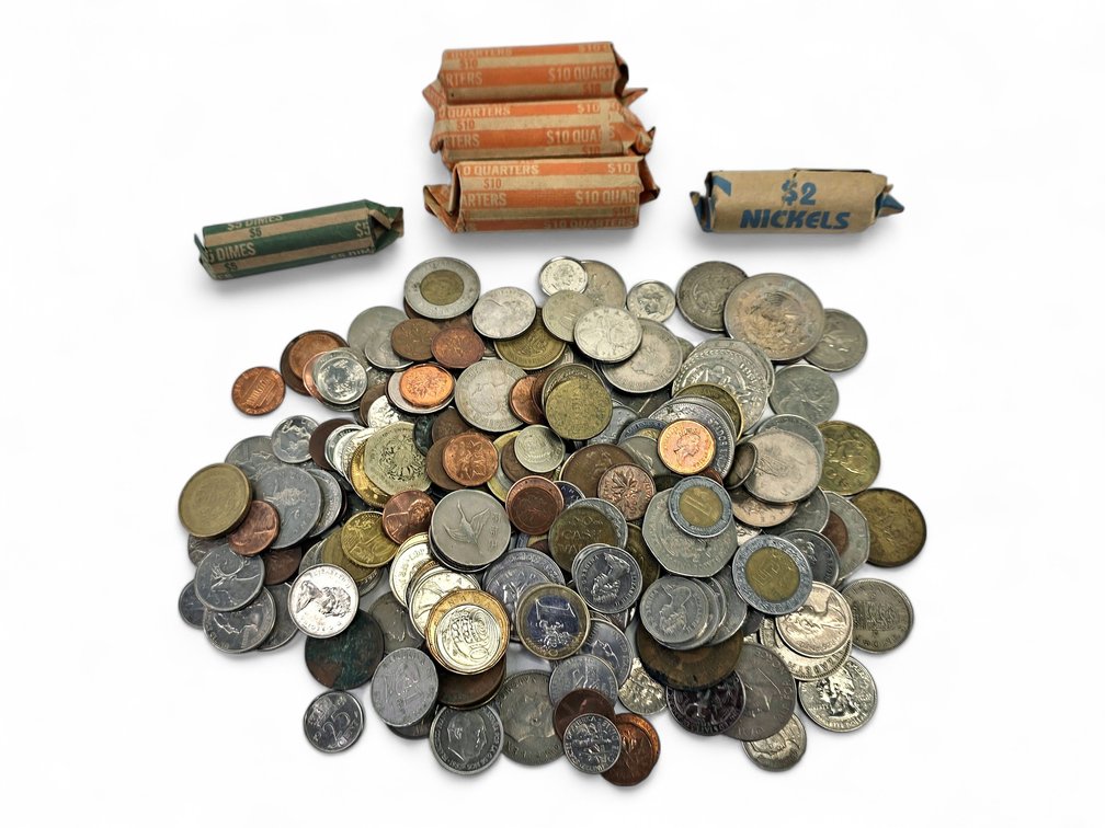 Mixed World Coins & Five Rolls Labeled Canadian Quarters, Nickels & Dimes