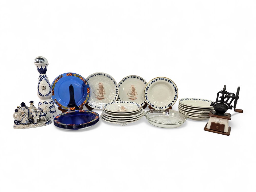 Jackson China & Arcoroc Plates, Clase Azul Bottle, Coffee Grinder & Carriage Figurine